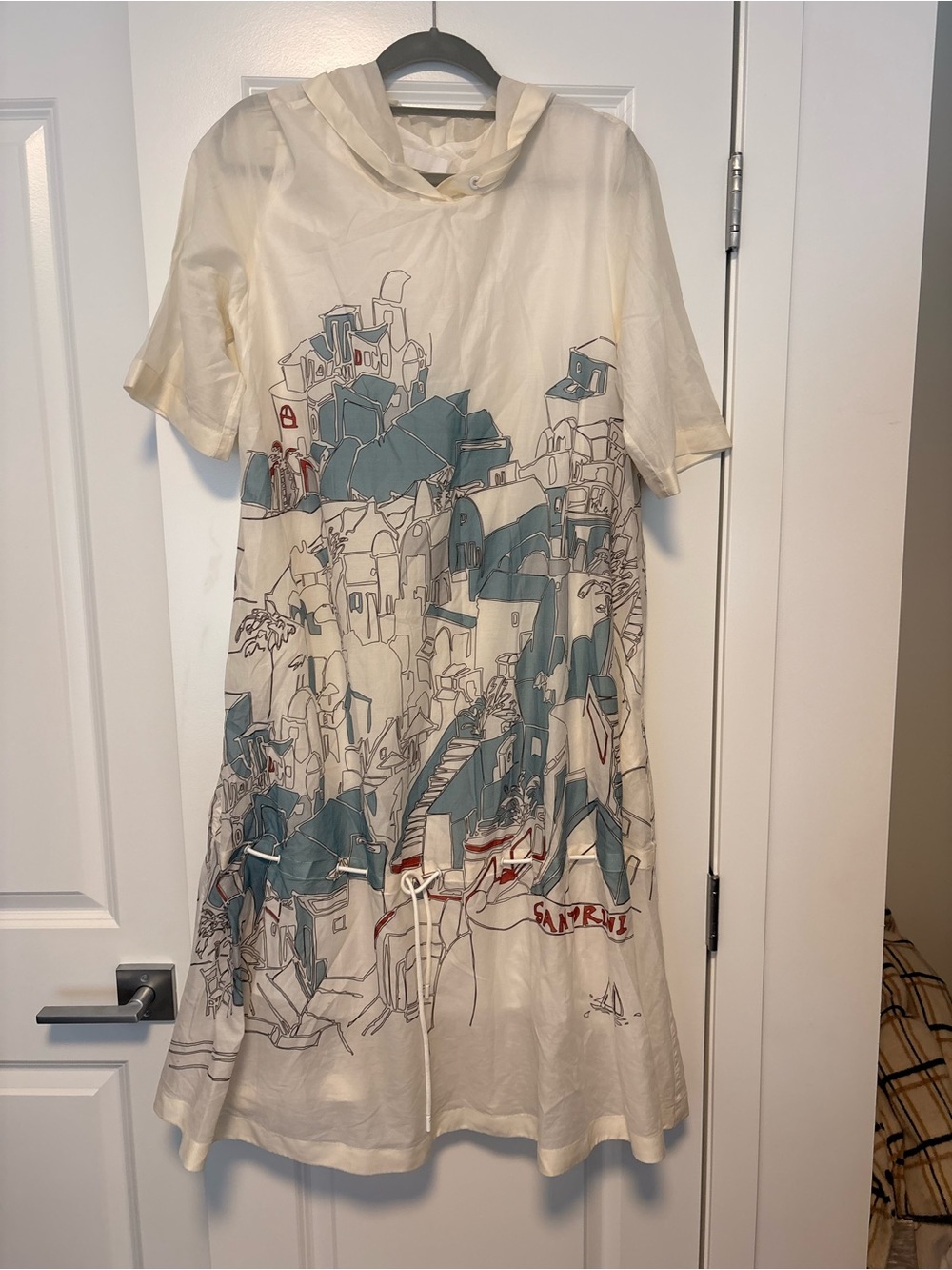 OTT Cotton Mulberry Silk Santorini Print Hooded Dress EU 42 L
